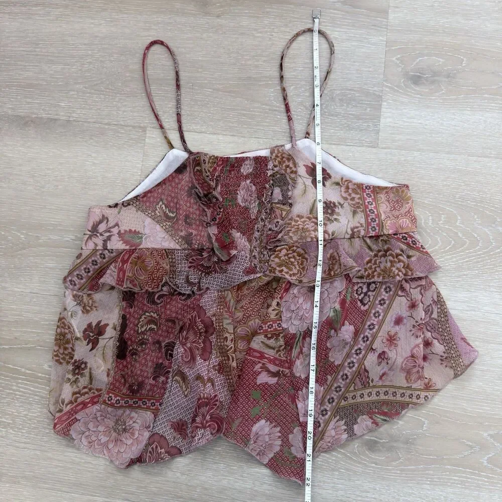 Patchwork Floral Ruffle Tiered Cami Top S MNG Mango Boho Smocked Peplum Summer - Picture 7 of 16